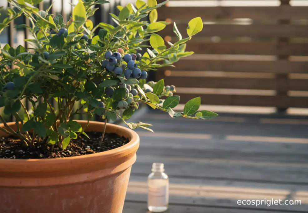 A potted blueberry plant shows mild yellowing leaves beside an unlabeled soil test bottle on a terrace.