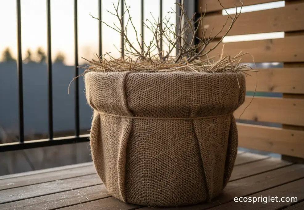 A terracotta blueberry pot is wrapped in burlap with straw mulch on top in a sheltered terrace corner.
