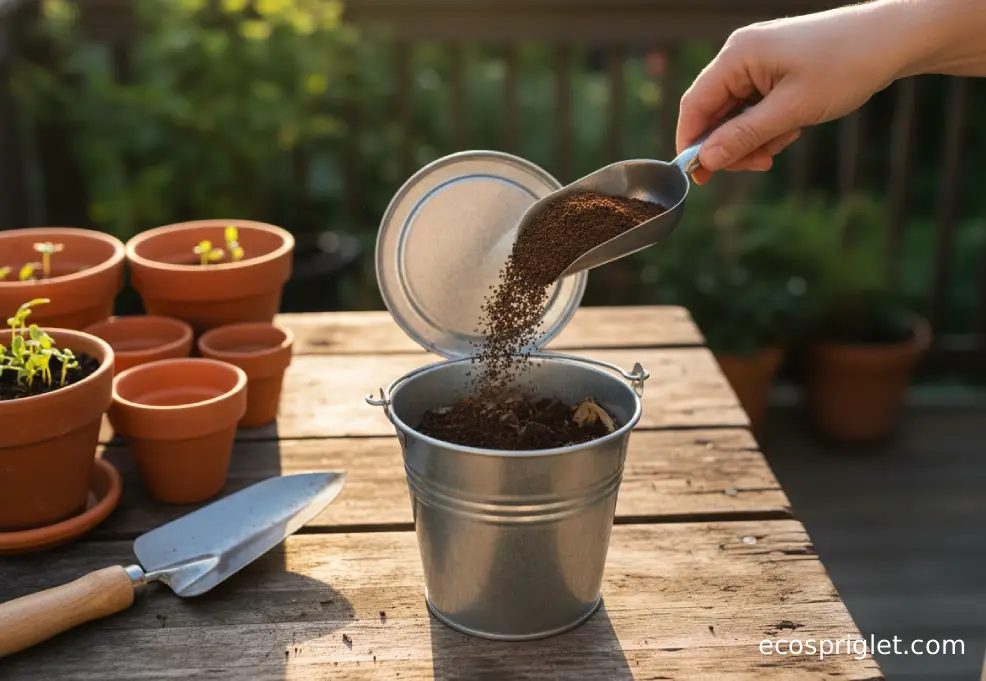Close-up of used coffee grounds being sprinkled into a small compost bucket on a balcony table.