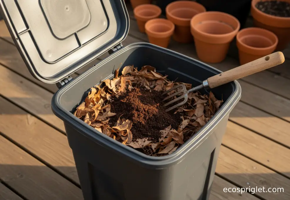 Compost bin with dry leaves mixed with a smaller amount of used coffee grounds on a terrace.