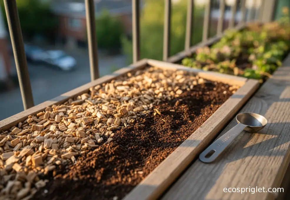 Thin coffee grounds layer covered by wood chip mulch in a small balcony planter.