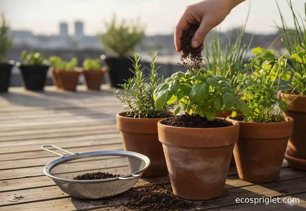 Finished compost being sprinkled around the base of herbs in terracotta pots.