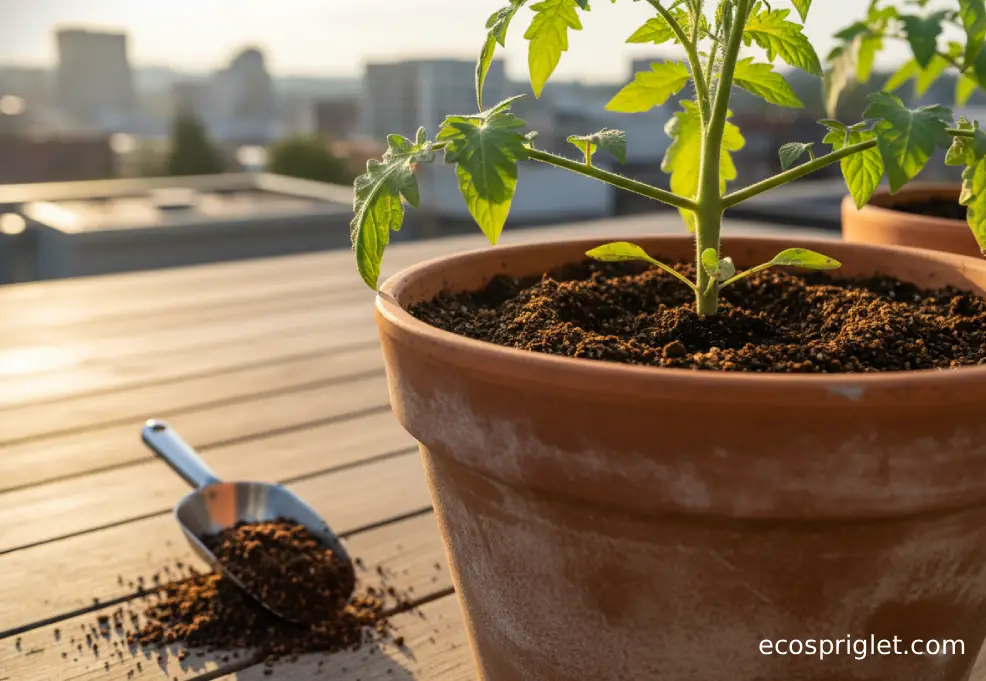 Tomato plant in a terracotta pot with a thin ring of finished compost around the drip line.