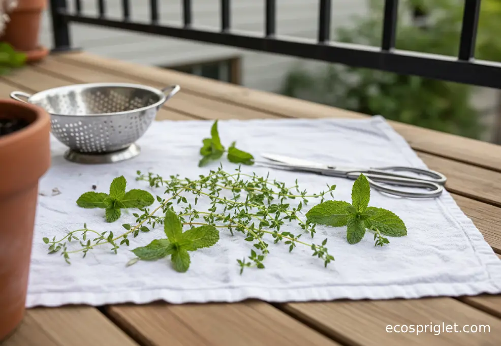 Fresh thyme and mint sprigs drying on a towel beside clean scissors on a small Portland terrace table.