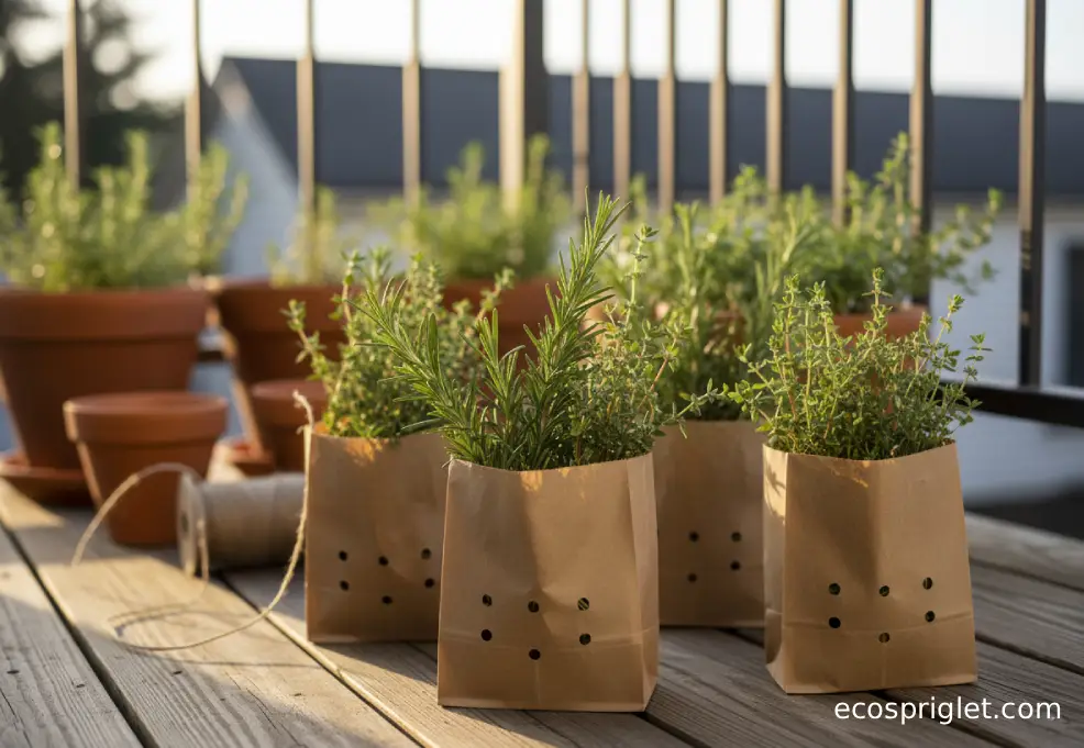Small bundles of rosemary and thyme hanging in paper bags beside terracotta herb pots on a terrace.