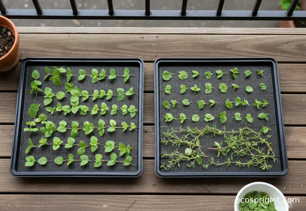 Single layers of oregano and thyme leaves arranged on dehydrator trays on a compact terrace table.