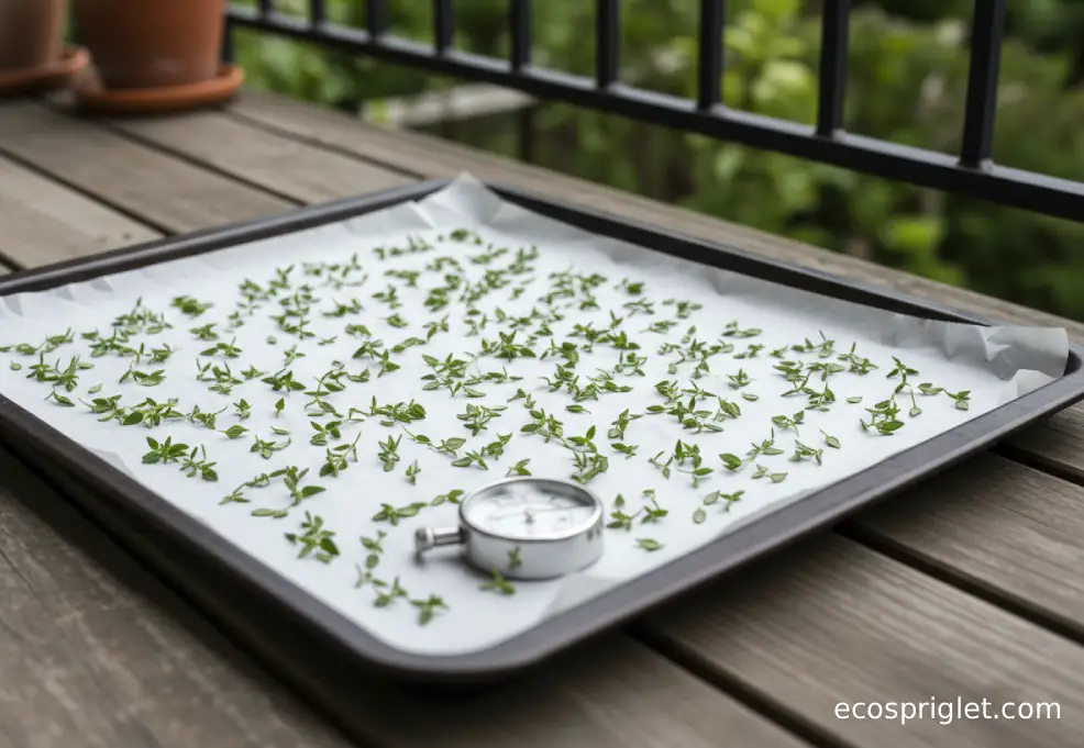 Washed thyme leaves spread on a parchment-lined baking sheet beside an oven thermometer on a terrace table.