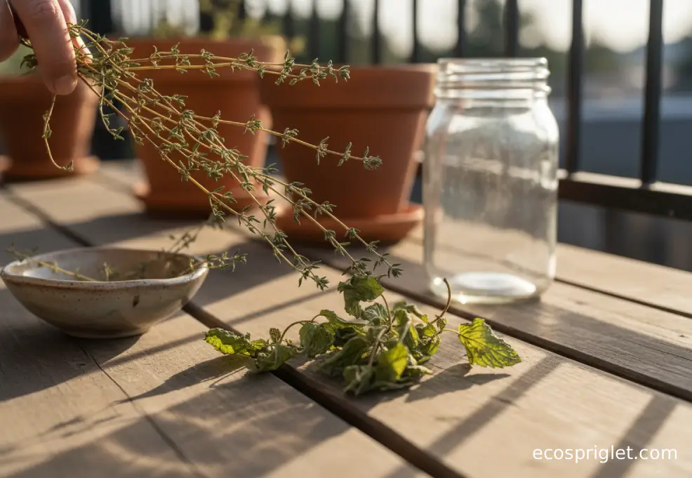 Crisp dried thyme stems and mint leaves being tested beside a clean glass jar on a terrace table.