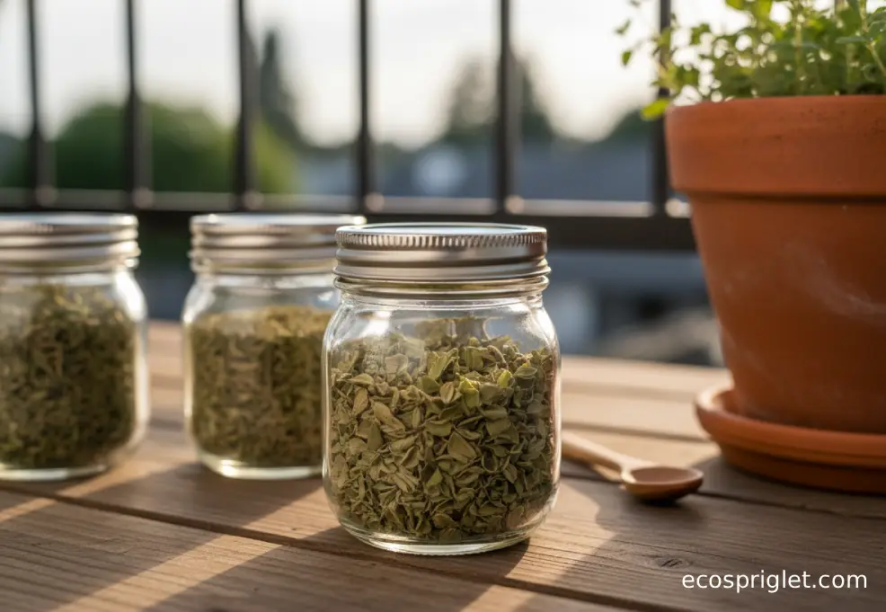 Whole dried oregano and thyme leaves stored in small airtight glass jars on a terrace table.