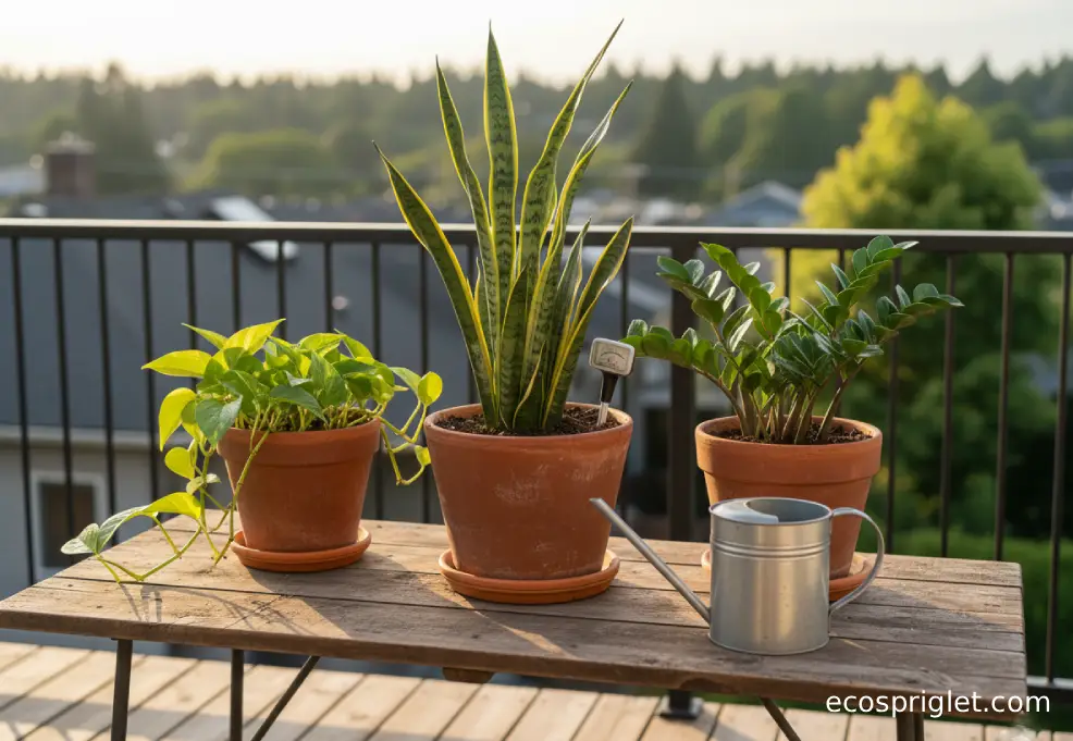 Terracotta pots of hardy houseplants on a wooden terrace table with a small watering can nearby in golden-hour light.