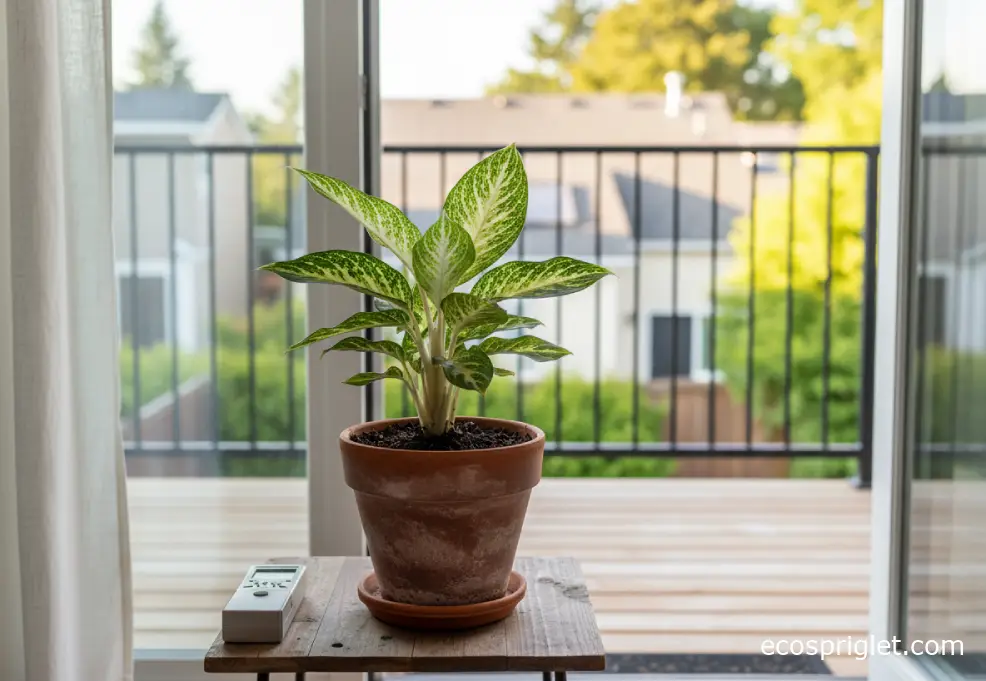 A terracotta potted houseplant positioned a few feet from a bright patio door on a terrace, with soft indirect sunlight.