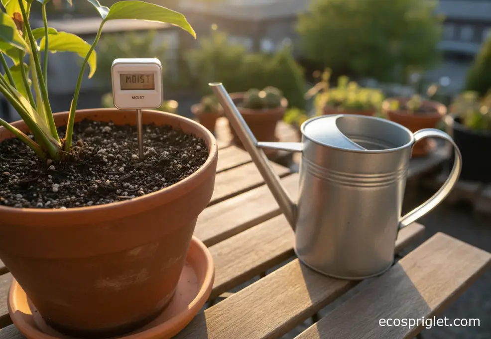 A moisture meter inserted into potting mix in a terracotta pot on a terrace table with a small watering can nearby.