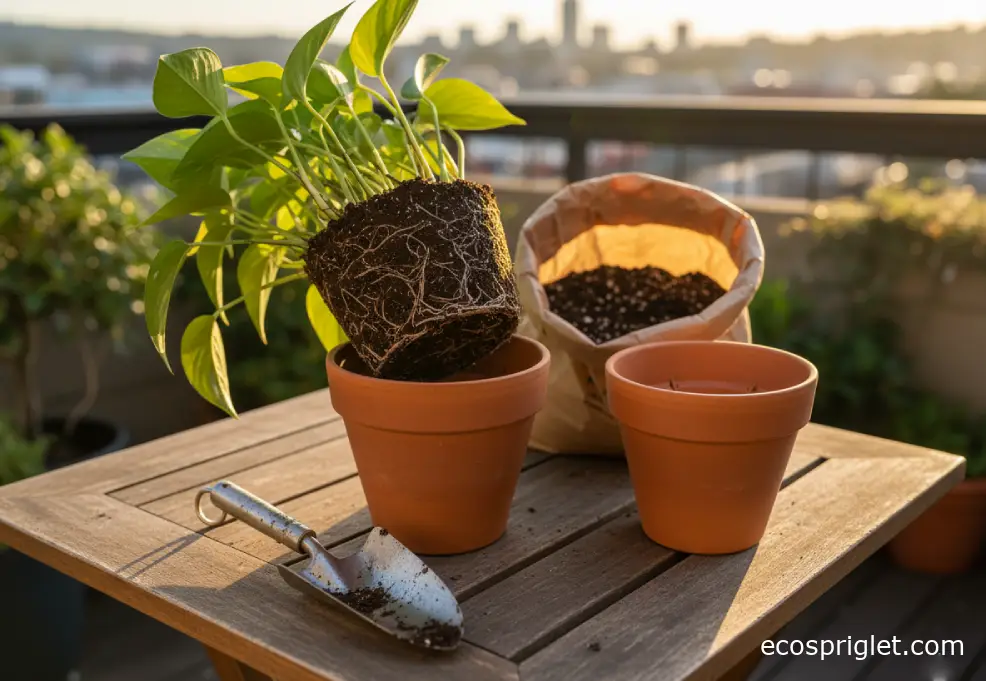 A houseplant root ball partially lifted from a terracotta pot on a terrace table with fresh potting mix and a hand trowel nearby.