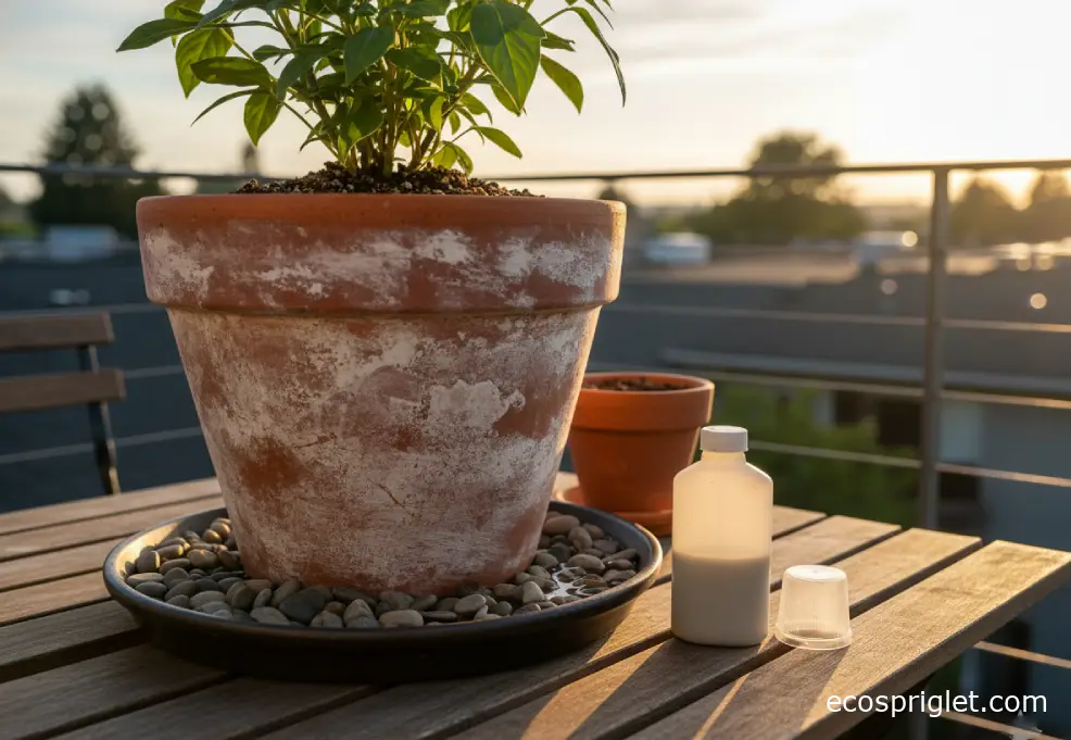 A diluted liquid fertilizer bottle and a pebble humidity tray beside a terracotta houseplant pot on a terrace table.