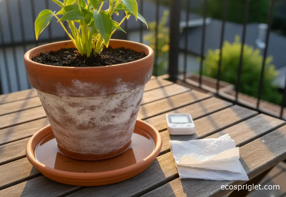 A terracotta houseplant pot sitting in a saucer with visible standing water on a terrace table, suggesting an overwatering mistake.