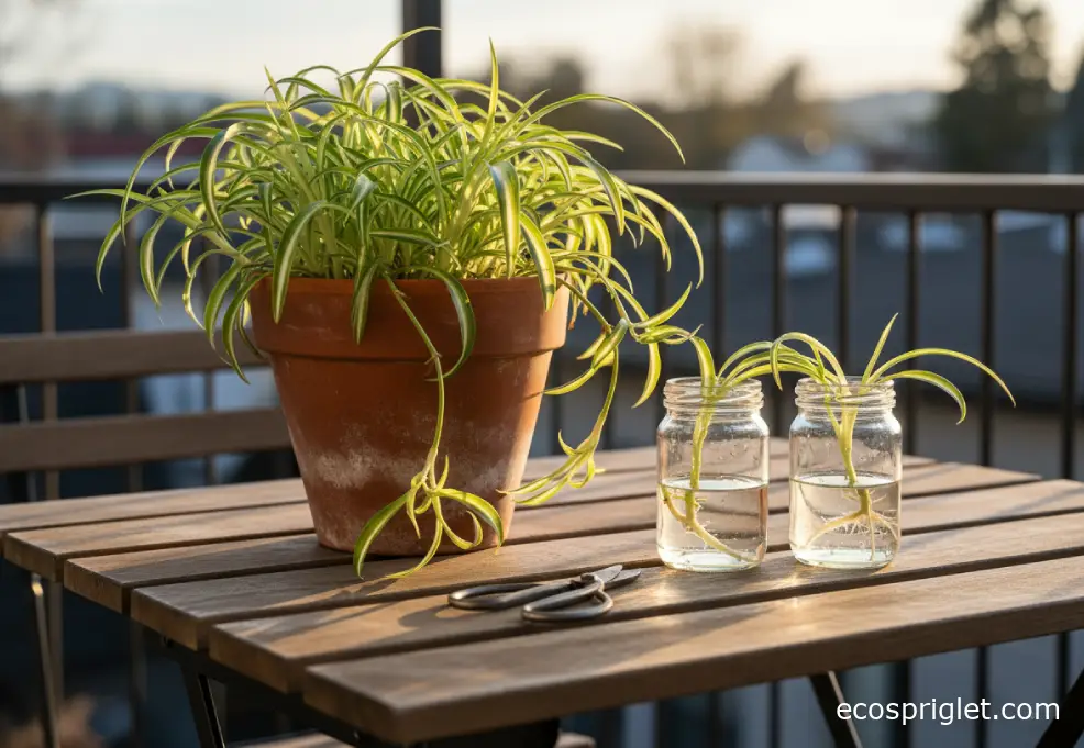 A spider plant with dangling plantlets beside small glass jars for water propagation on a terrace table in golden-hour light.