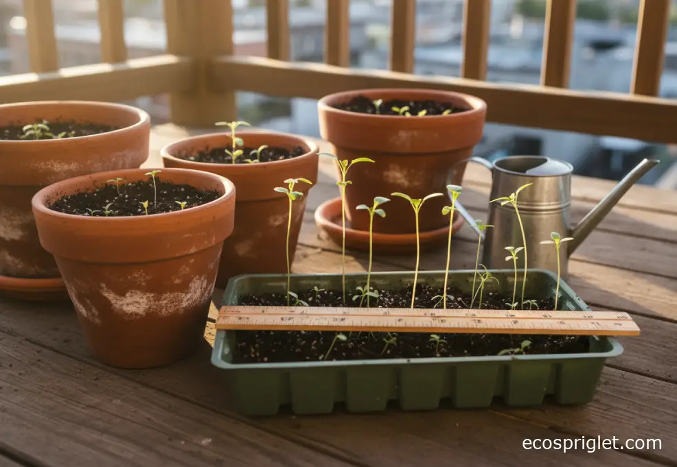 Terracotta pots and a seed tray of young seedlings with a ruler on a small terrace table in golden-hour light.