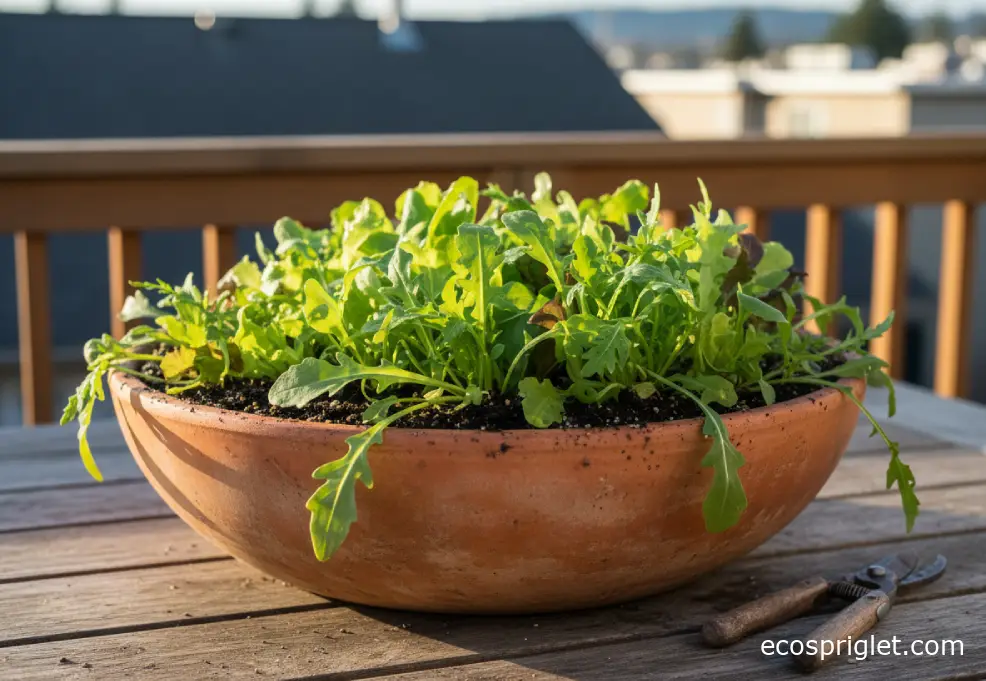A shallow terracotta planter of baby salad greens with small snips on a terrace table.