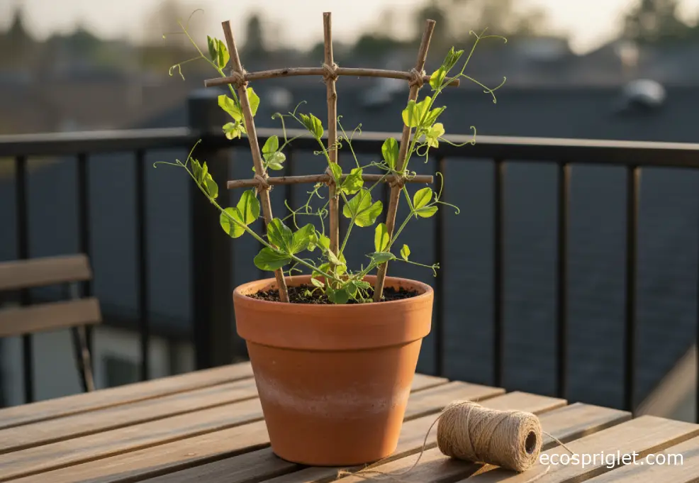 Sweet pea vines climbing a wooden trellis in a terracotta pot with twine nearby on a terrace table.