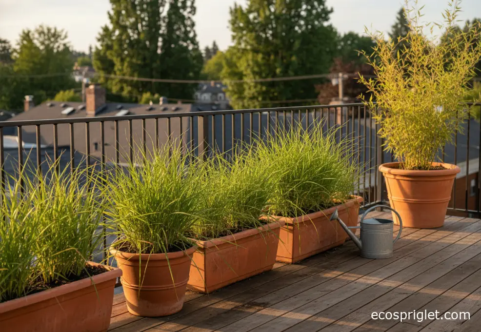 Tall terrace planters with grasses and clumping bamboo forming a privacy screen along a railing.