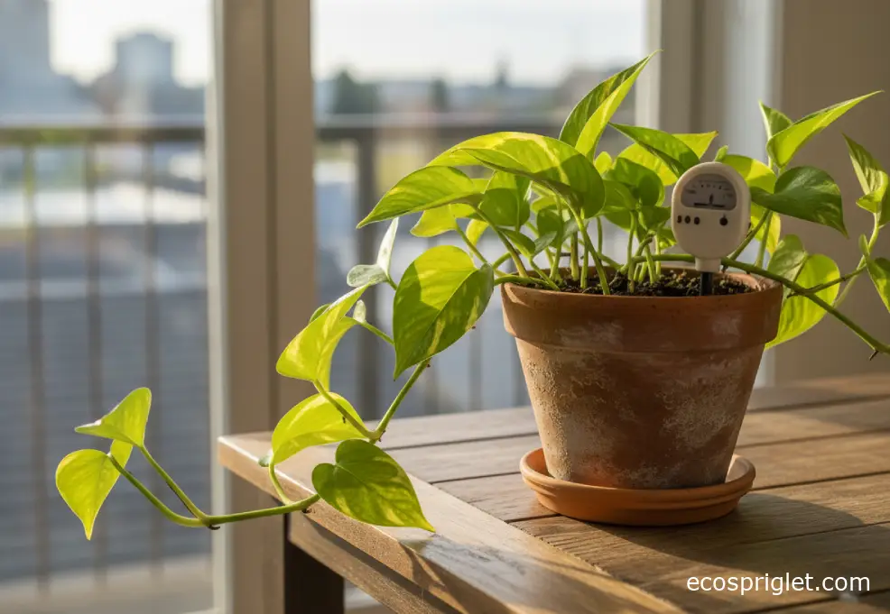 A pothos vine trailing from a terracotta pot with a moisture meter on a wooden table in warm light.