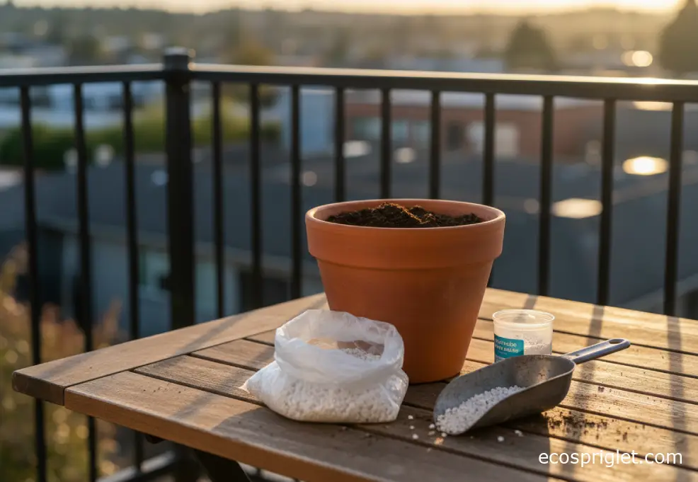 Potting mix, perlite, and fertilizer arranged beside a terracotta pot on a terrace table.