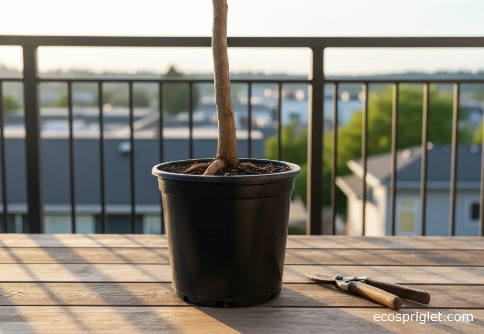 A young tree in a nursery pot with the root flare visible at the soil surface on a terrace table.