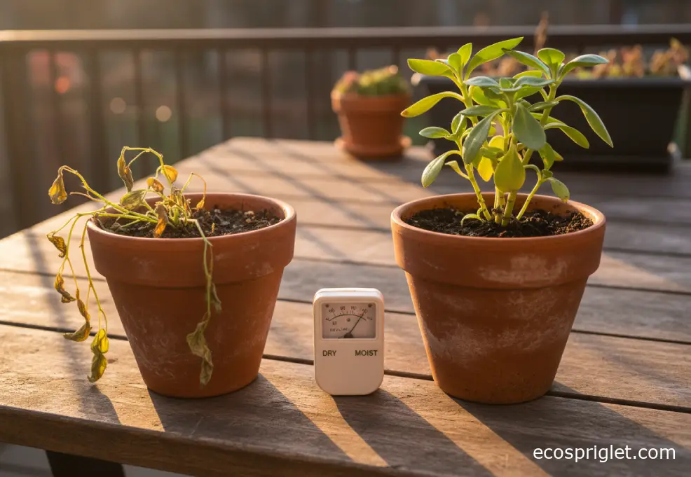 Two terrace pots side by side—one wilted and one healthy—with a moisture meter between them.