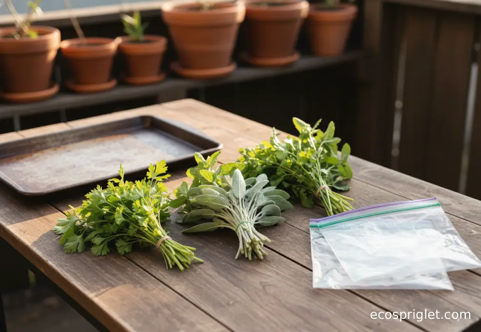 Assorted parsley, cilantro, mint, and sage on a terrace table next to a baking sheet and freezer bags.