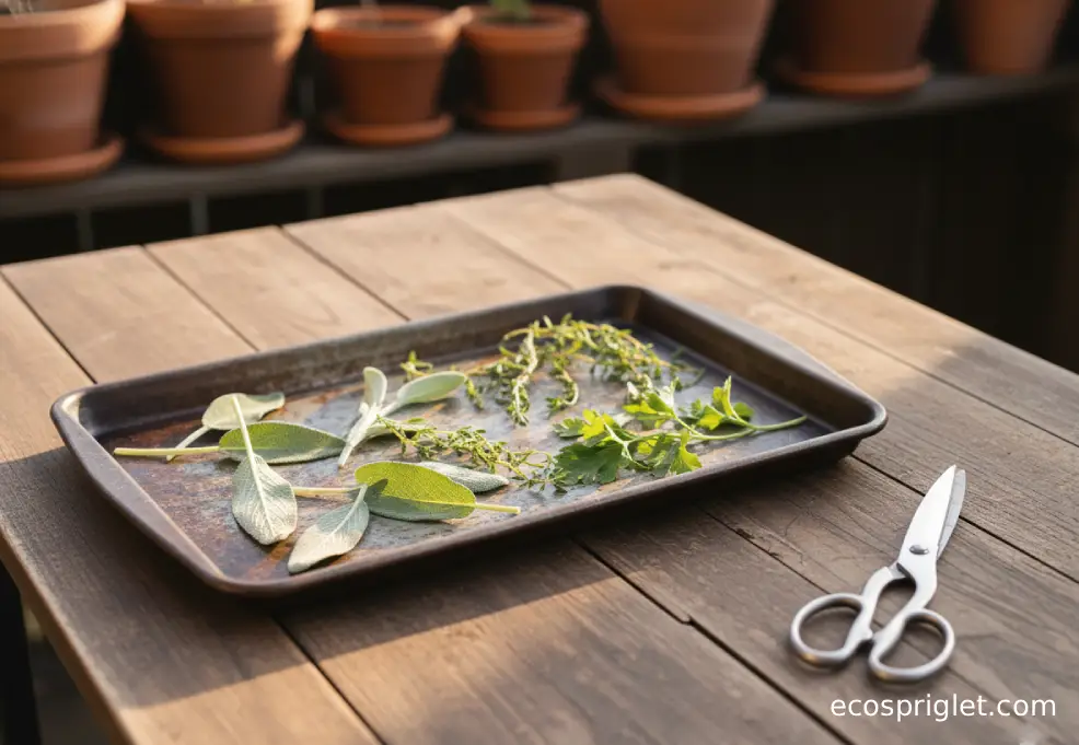 Sage leaves, thyme sprigs, and parsley on a baking sheet in a single layer.