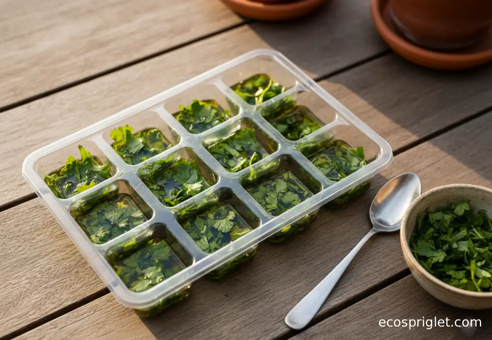 Ice cube tray with chopped cilantro and parsley covered in olive oil beside a small spoon.