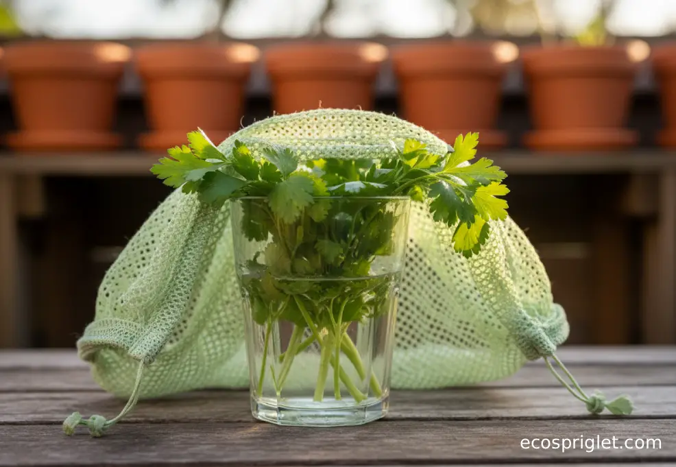 Parsley and cilantro stems in a glass of water loosely covered with a mesh produce bag.