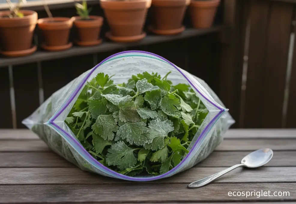 Frozen herb leaves in an opened freezer bag with visible ice crystals and mild freezer burn.