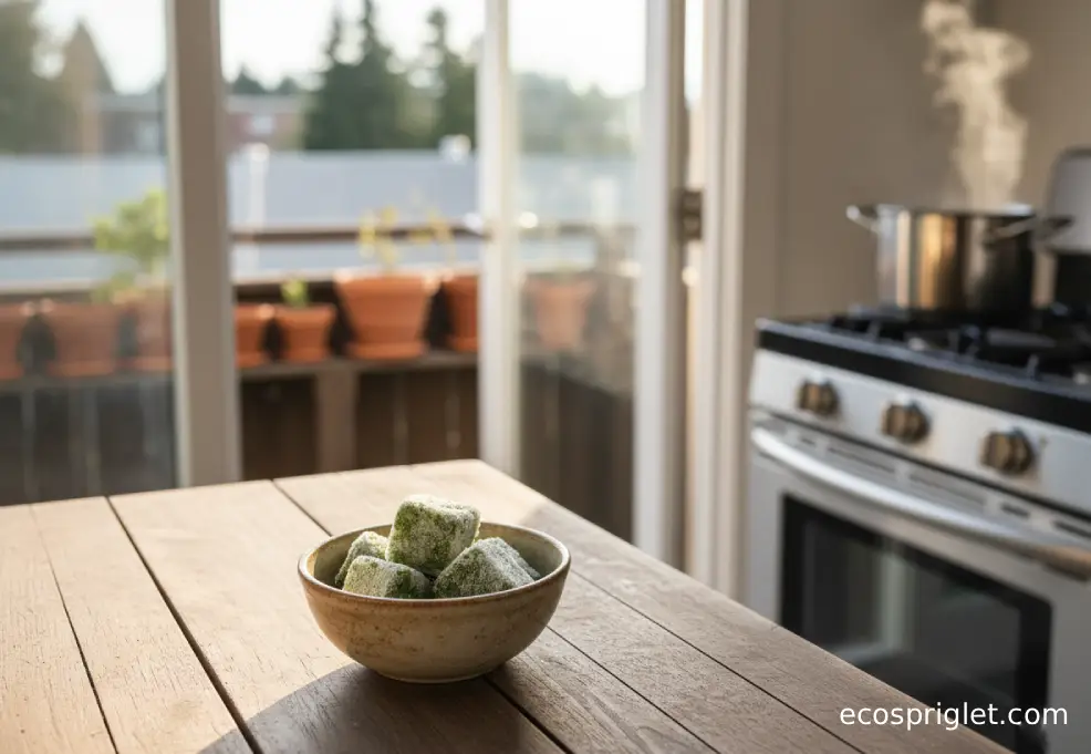 Bowl of frozen herb cubes on a table with a softly blurred steaming pot in the background.