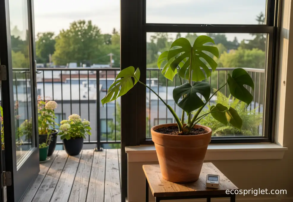 A single tall monstera in a terracotta pot beside a bright apartment window with warm evening light and a balcony view.