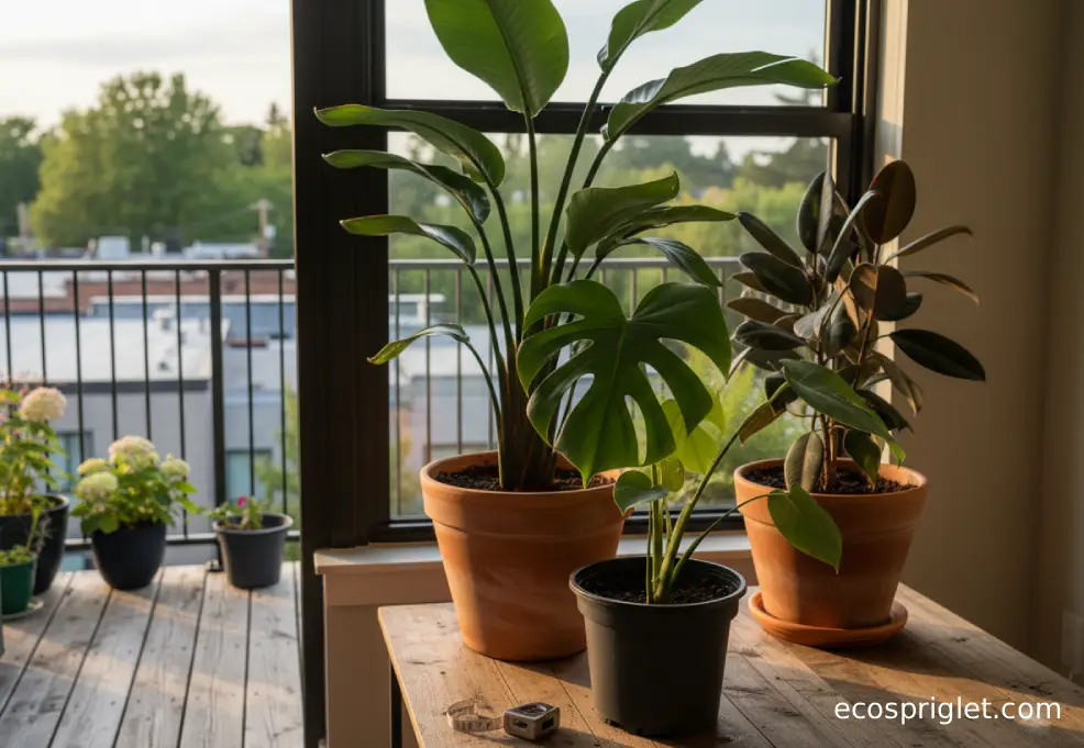 A small group of large-leaf houseplants on a wooden table near a window, with a tape measure beside the pots.