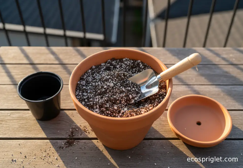 A terracotta pot being filled with airy potting mix next to a nursery pot and saucer on a wooden table in warm light.