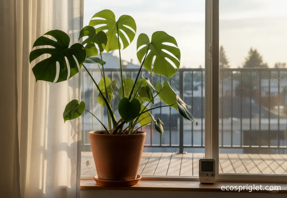 A large-leaf plant placed about two feet from a bright window with sheer curtains and warm evening light.