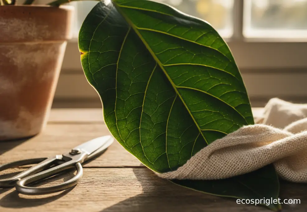 A cloth wiping dust from a large dark green leaf with pruning shears resting nearby.