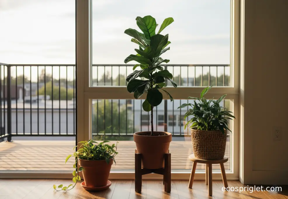 A large-leaf plant on a stand with two smaller plants in terracotta pots near a bright window.