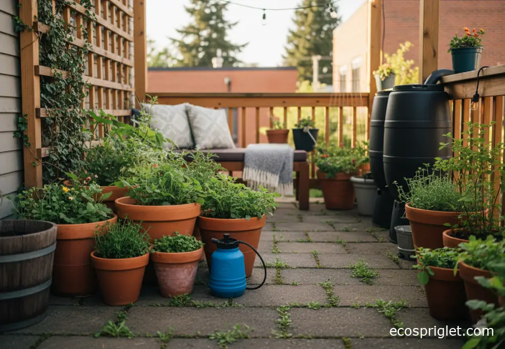 Small terrace with patio weeds, terracotta pots, and a compact garden sprayer.