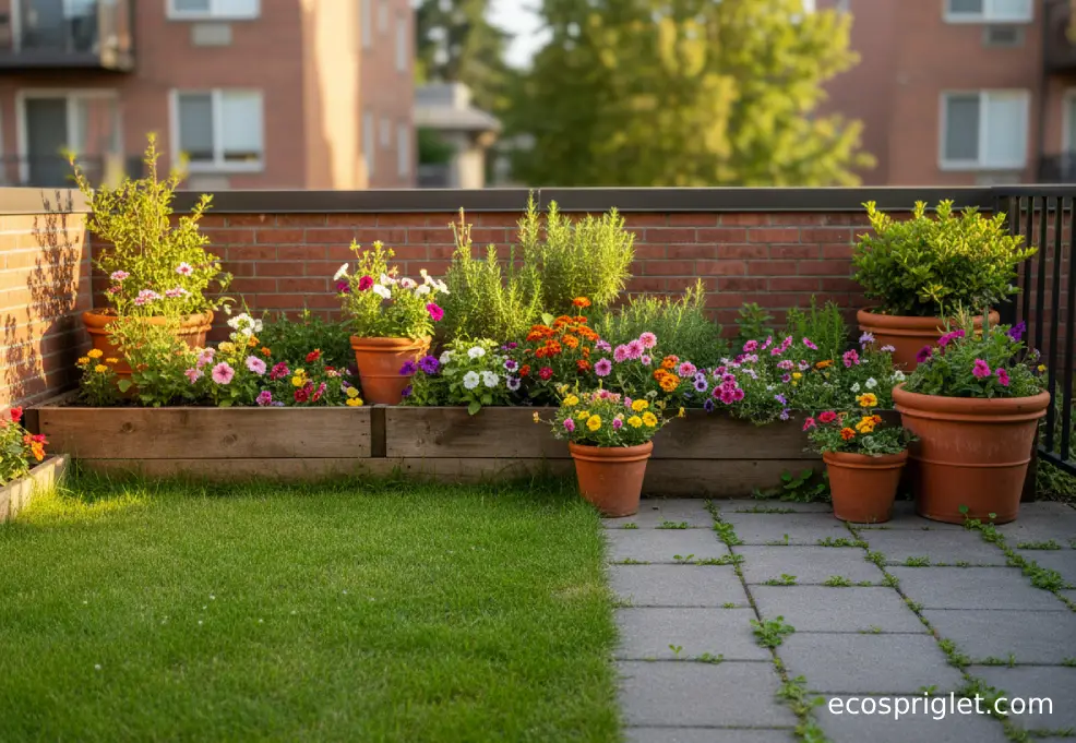 Small terrace garden showing lawn, flower bed, and patio weed control zones.