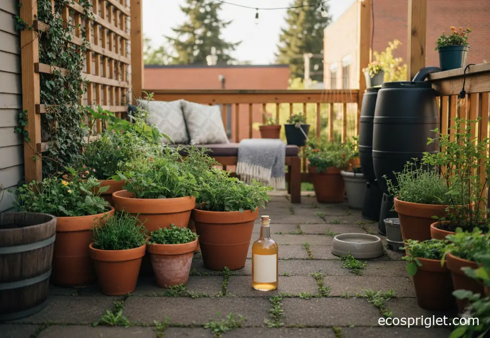 Natural weed killer bottle beside paver cracks and terracotta balcony pots.
