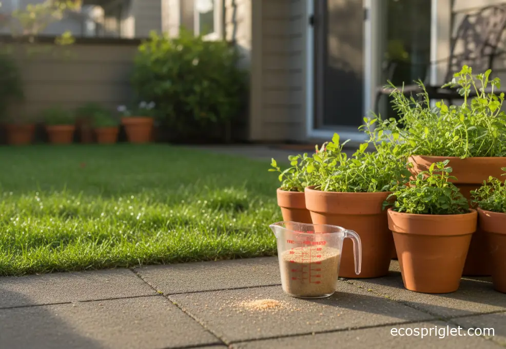 Granular organic weed preventer beside a small established lawn and terrace planters.