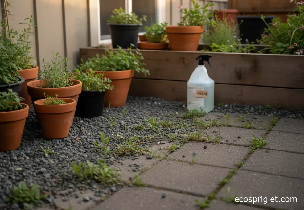 Large patio garden with gravel weeds and a vinegar weed killer jug stored neatly.