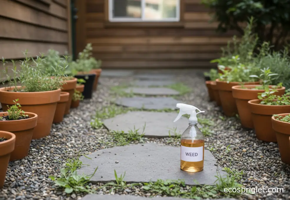 Ready-to-use natural weed spray beside stepping stones and potted plants.