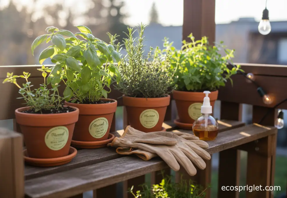 Small patio shelf with gardening gloves, product labels, sprayer, and herb pots.