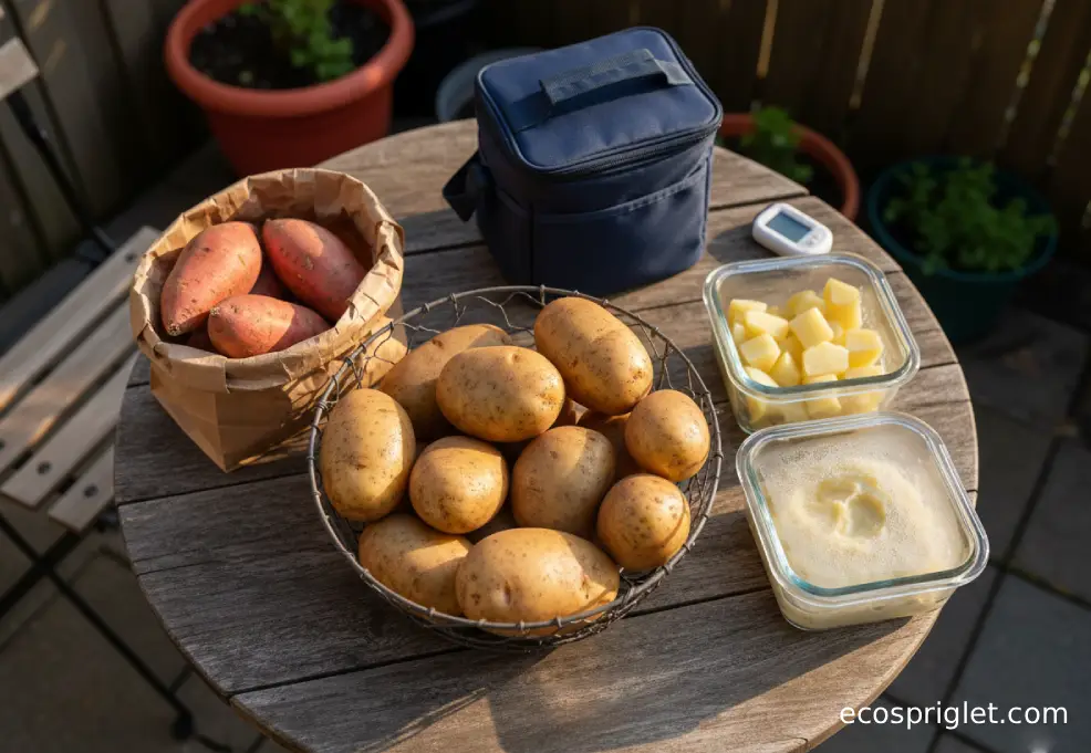 Top-down view of russet potatoes, sweet potatoes, and containers of cooked potatoes on a wooden table.