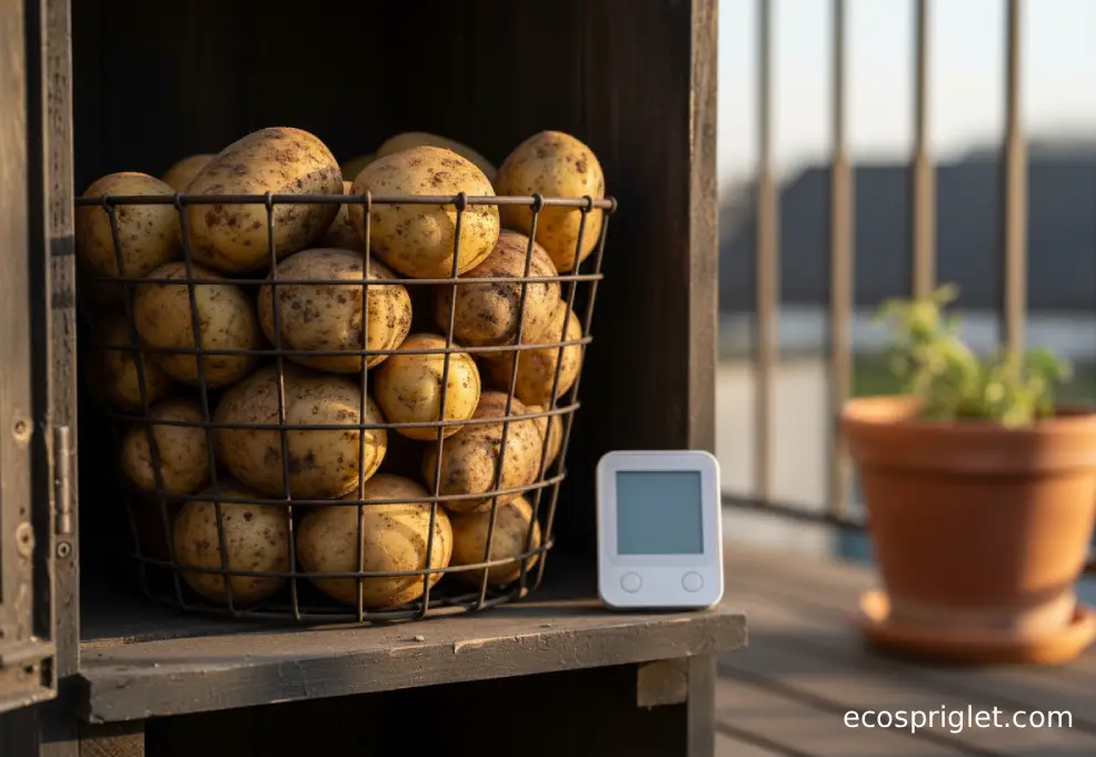 Wire basket of raw potatoes stored on a dark lower shelf with good airflow.