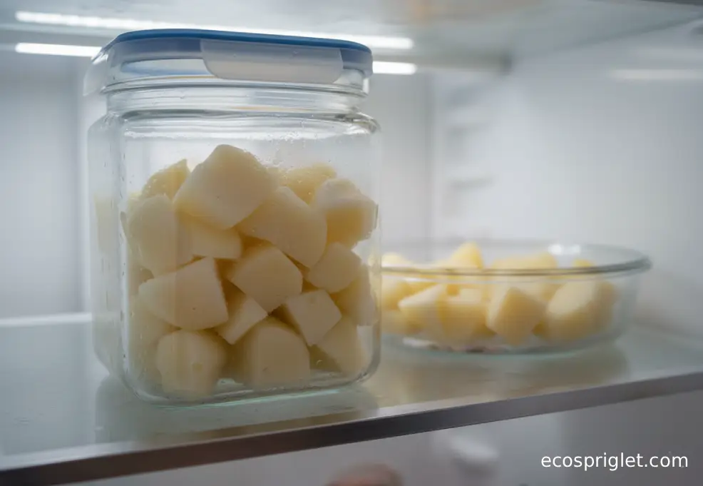 Cooked potato cubes stored in a covered glass container on a fridge shelf.